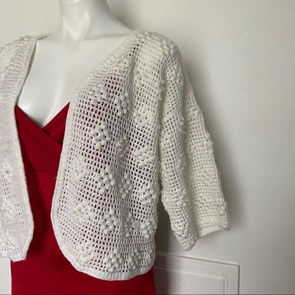 Vintage Hand knit Beaded Pom Cardigan Snowflake - Picture 1 of 7